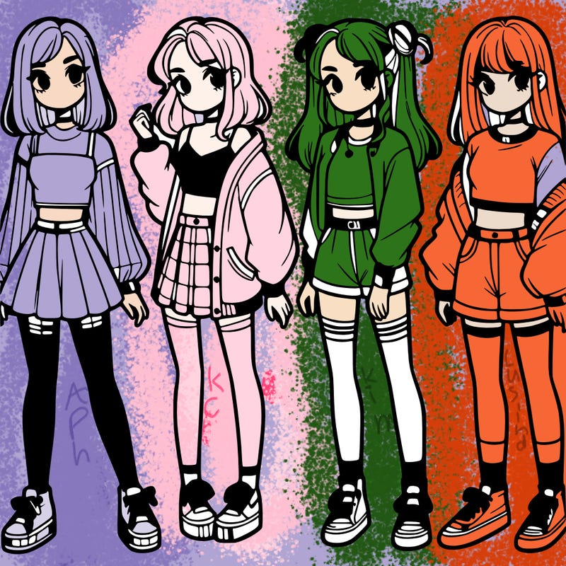 one girl with crop-top shirt and a jacket with a skirt, long socks and another girl with a shirt and pants with a jacket