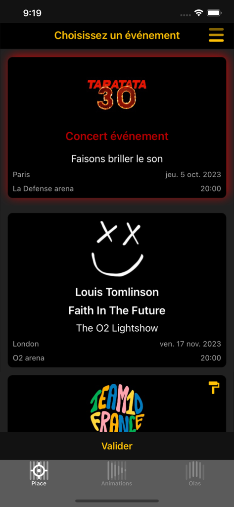 Interfaz de la aplicación wePix arena para seleccionar eventos de conciertos y estadios para espectáculos de luces sincronizados