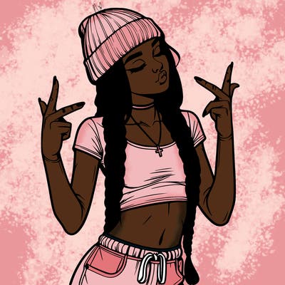 realistic teenage girl with braids and a beanie and crop top doing 🫶🏼