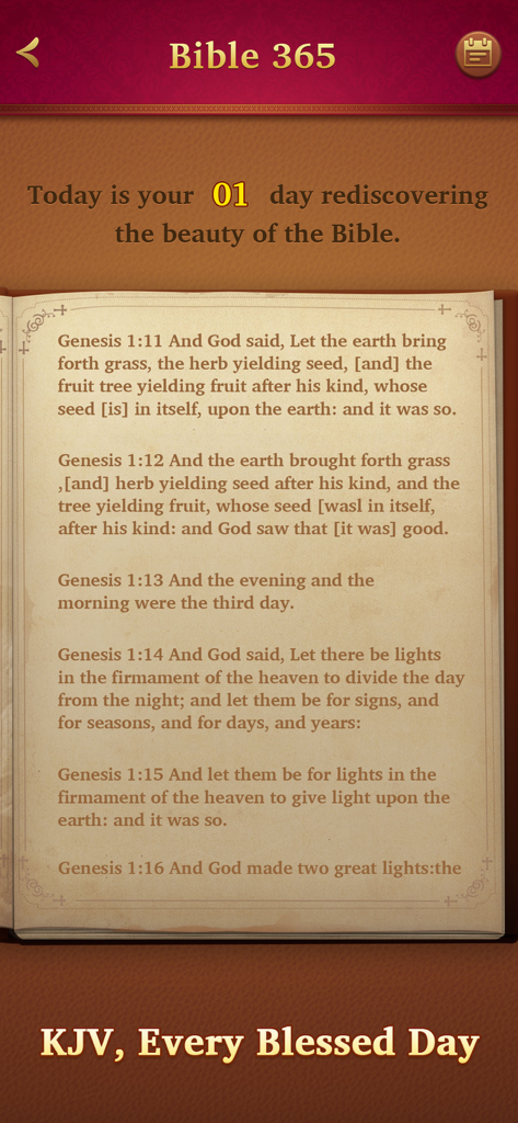 KJV Solitaire - Daily Bible - Una página de la Biblia digital en la aplicación Solitario KJV que muestra las Escrituras del Génesis en papel pergamino.