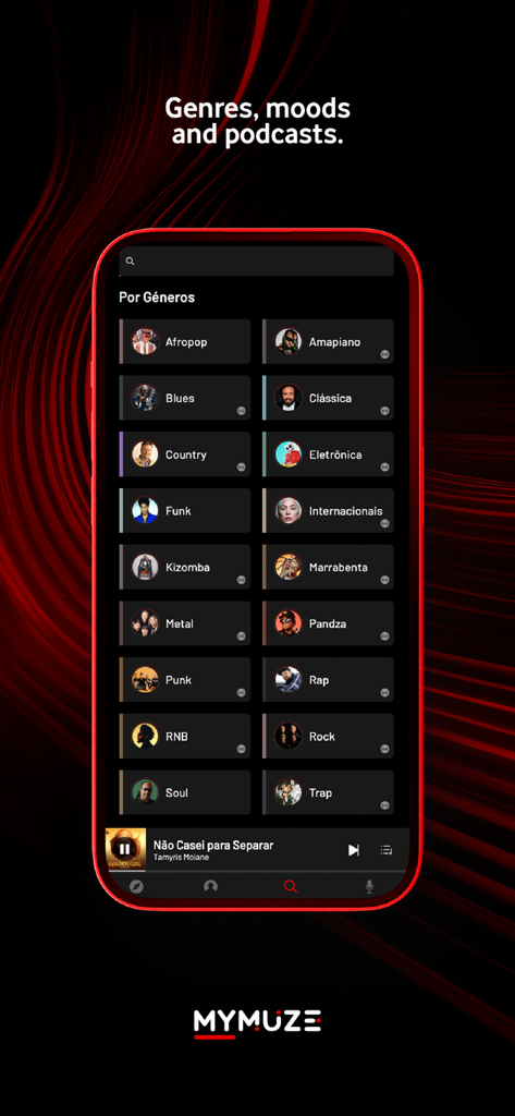MyMuze (Music and Podcasts) - A mobile app screen for MyMuze showing a variety of music genres like Afropop Amapiano and Marrabenta