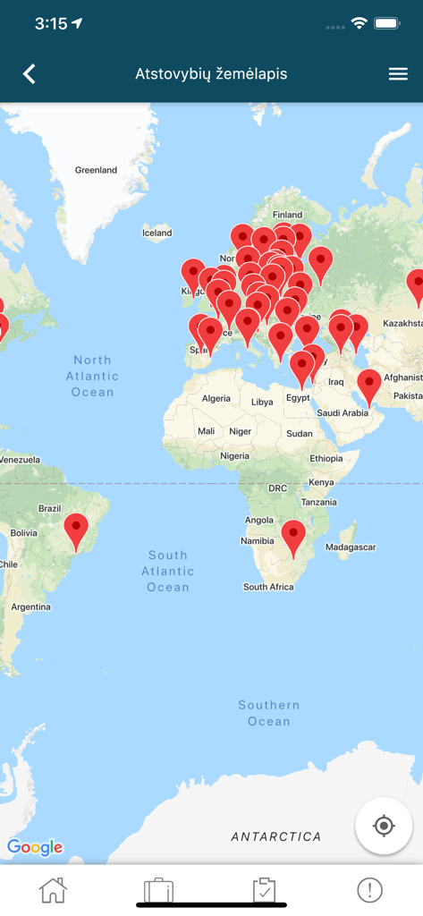 リトアニア大使館および外交代表部の場所を示す世界地図
