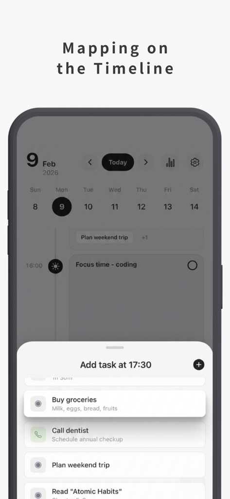 Any Planner-Daily Task Planner - Interfaz de la aplicación Any Planner que muestra cómo mapear y agregar tareas a una línea de tiempo diaria para la productividad en TDAH.
