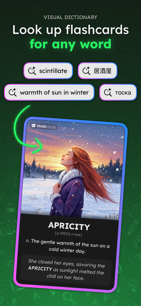 VividVocab: Remember Words - VividVocab app interface showing a visual flashcard for the word Apricity found by searching for the phrase warmth of sun in winter.