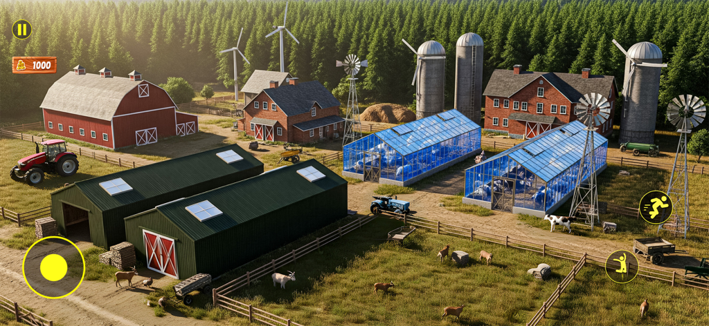 Ranch Life Farming Simulator! - 晴れた空の下、赤い納屋、温室、動物のある、繁栄している農場の俯瞰図。