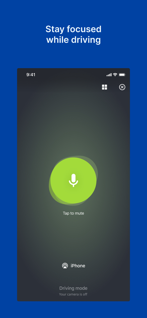 Online Meeting & Conferencing - Interface of the Online Meeting app showing driving mode with a large mute button and camera off feature