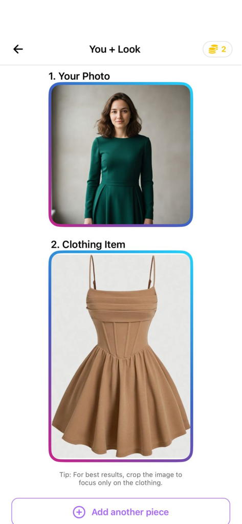 Interface of the GenLook AI app showing the virtual fitting room feature with a user photo and a selected clothing item for digital try-on