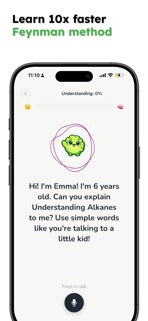 Memorize - Study Smarter - Interface do aplicativo Memorize mostrando a sessão de estudo do método Feynman com um personagem de IA.