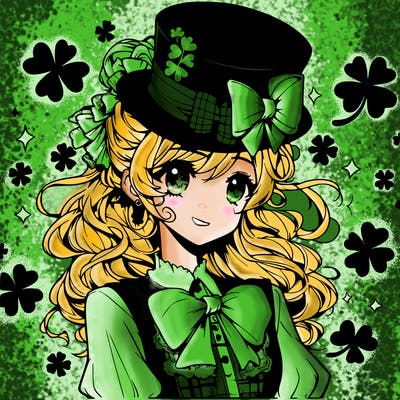 a manga-style girl with clovers around her, a little hat in her hair, like it's saint patrick's day