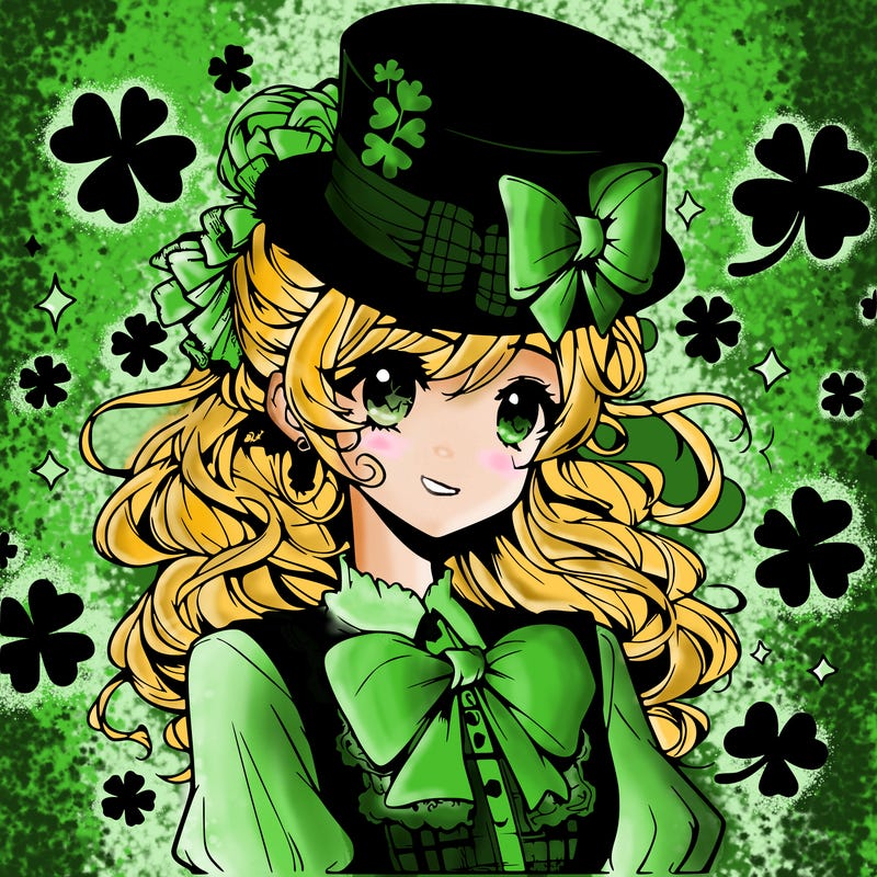 a manga-style girl with clovers around her, a little hat in her hair, like it's saint patrick's day