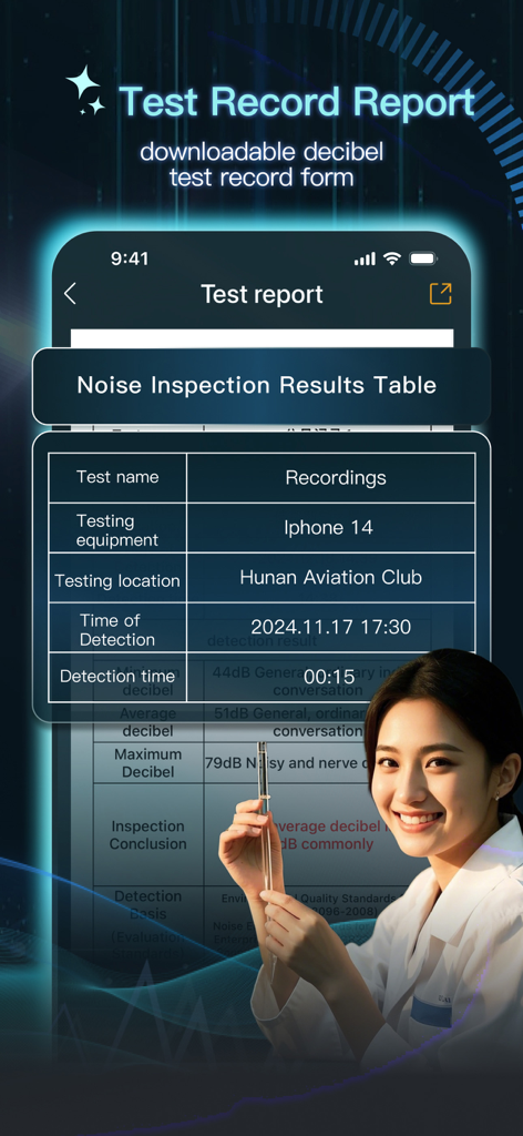 Decibel：db Sound Meter - Rapport d'enregistrement de test et tableau des résultats d'inspection du bruit dans l'application Decibel Sound Meter