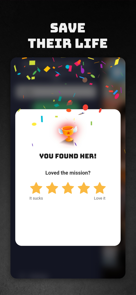 Peek a Phone - Una pantalla de éxito de misión en Peek a Phone que muestra un icono de trofeo y el mensaje La encontraste