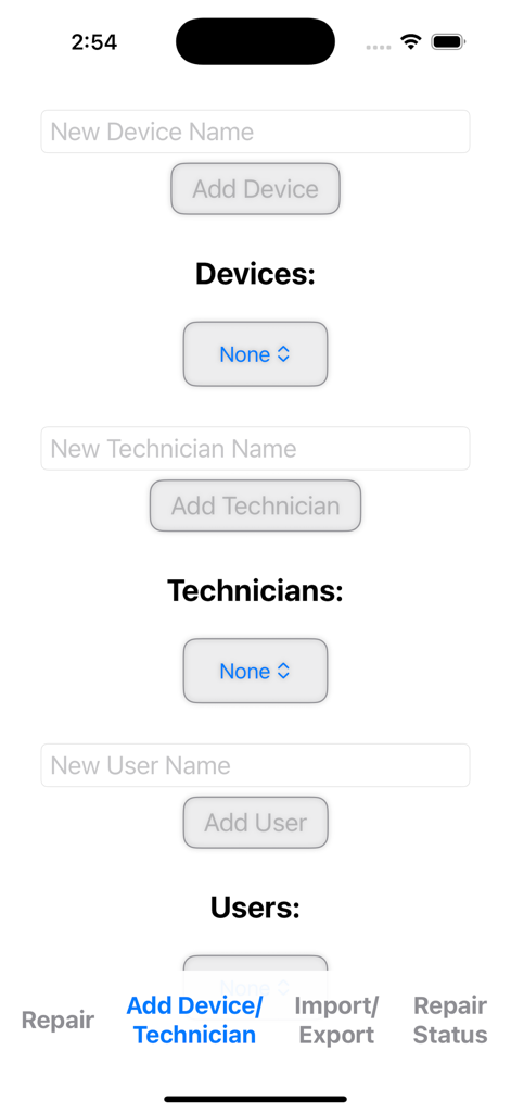 Interface for adding devices technicians and users in the Repair Tracking app