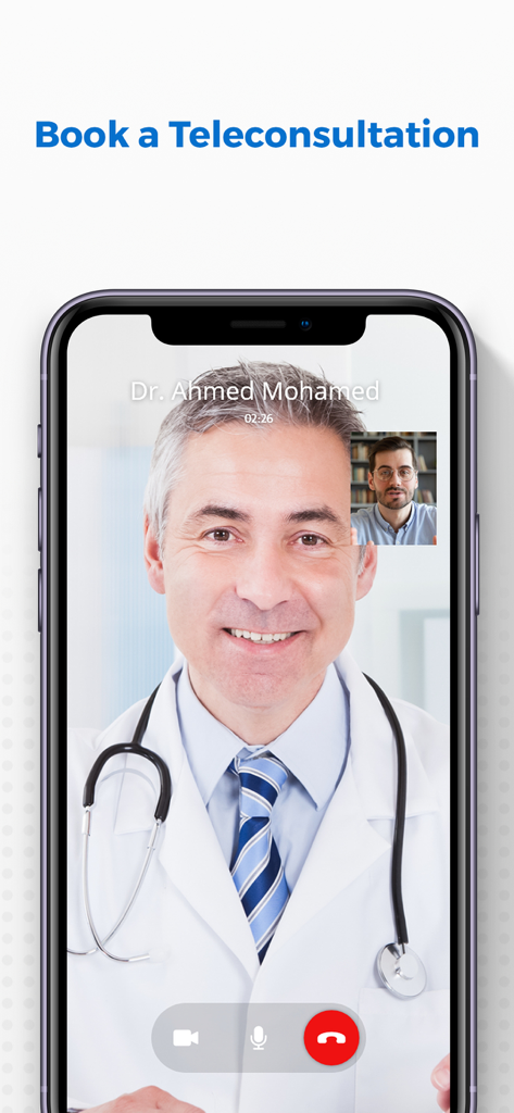 Vezeeta - Doctors & Pharmacy - Smartphone screen showing a video teleconsultation with a doctor on the Vezeeta app