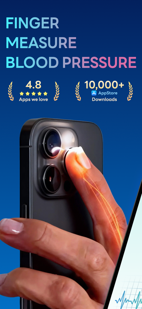 A person measuring blood pressure by placing their finger over a smartphone camera lens with the flash on