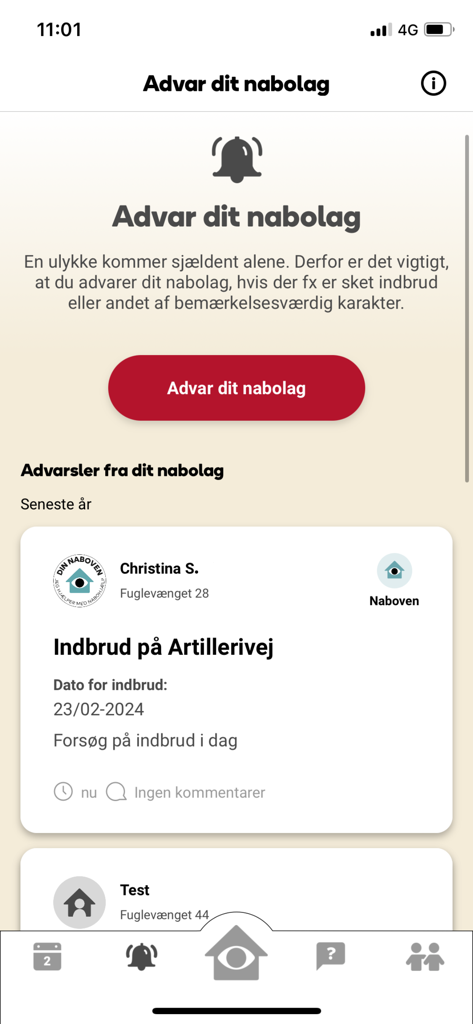 Nabohjælp - 空き巣アラートと隣人に警告する赤いボタンが表示された近所の警告画面を示すNabohjaelpのモバイルアプリインターフェース。