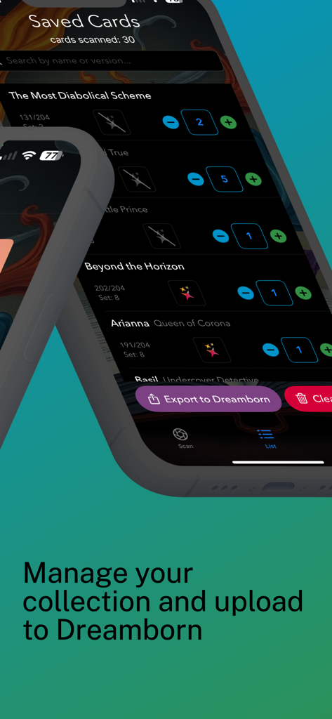 Lorscana: TCG Card Scanner - Pantalla móvil que muestra una lista de cartas de Lorcana guardadas con recuentos y un botón de exportación a Dreamborn