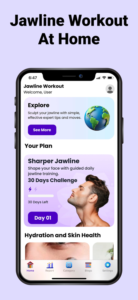 Pantalla de inicio de la aplicación Ejercicios de Mandíbula y Mewing que presenta un desafío de mandíbula más marcada de 30 días para hombres.