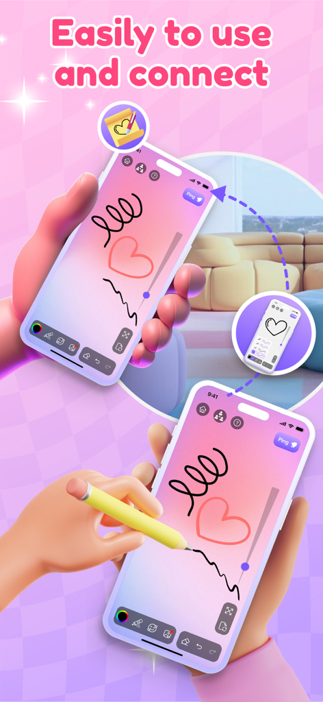 Zumee - Lockscreen Drawing - Two hands holding iPhones showing a shared drawing of a heart and squiggles on a pastel background with the text easily to use and connect.