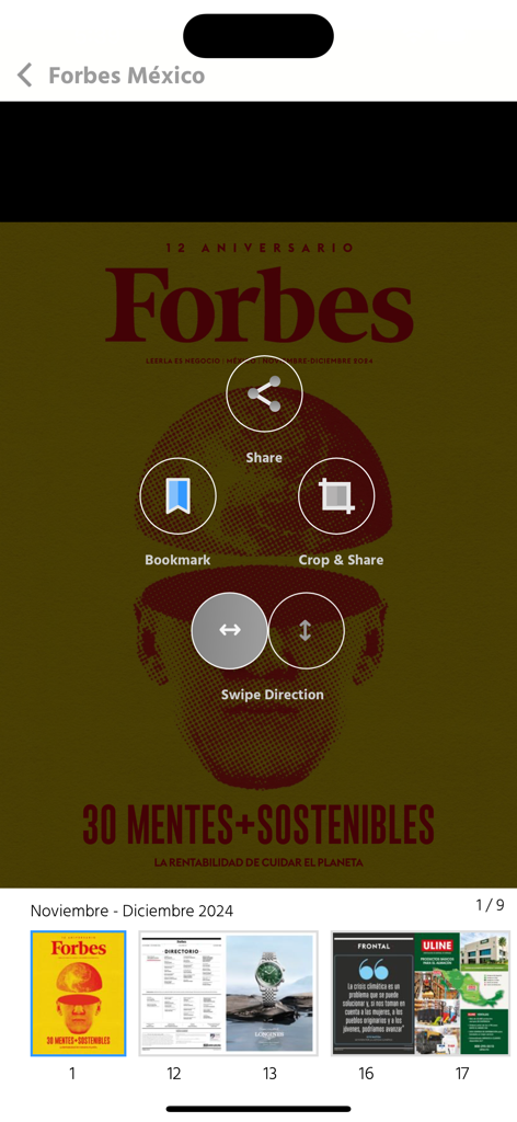 Interfaz de la aplicación móvil de Forbes Mexico mostrando la portada de la edición de aniversario con herramientas de lectura digital y miniaturas de páginas.