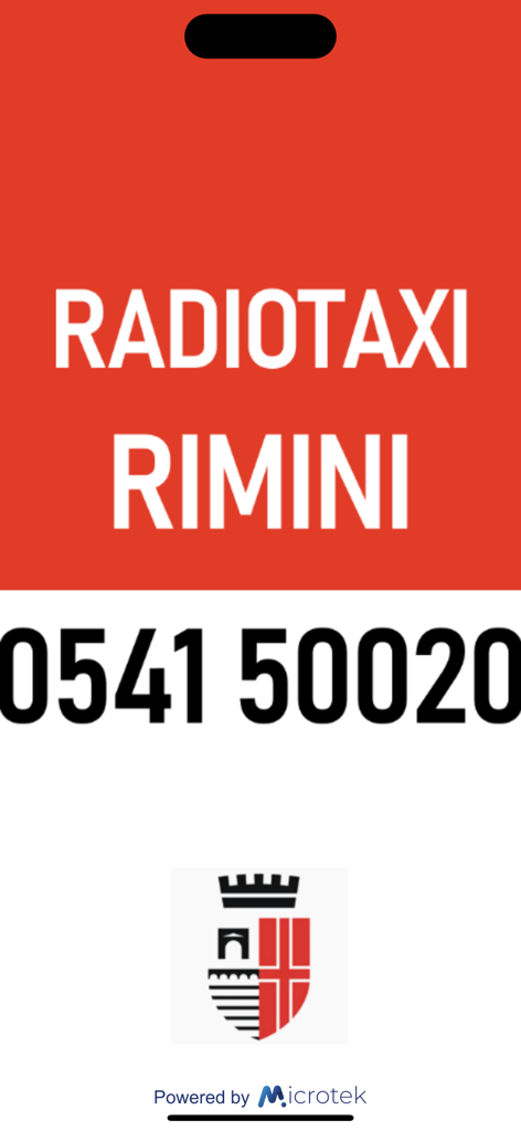 TAXI RIMINI - Taxi Rimini app splash screen showing the radio taxi contact number 0541 50020