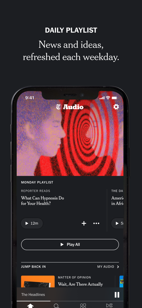 NYT Audio - NYT Audio app screenshot showing the Daily Playlist screen on an iPhone