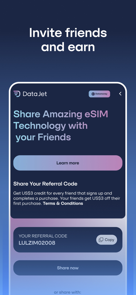 DataJet eSIM Travel & Internet - DataJetアプリの紹介画面のスクリーンショット。友達を招待すると3ドルのクレジット報酬が表示される。
