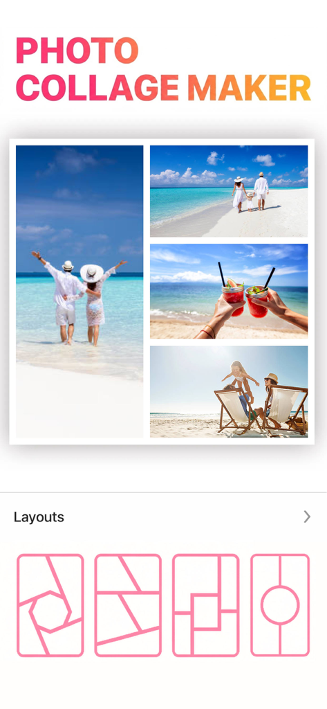 Insta Save Pro - Captura de tela do aplicativo Insta Save Pro mostrando uma colagem de fotos de férias na praia e várias opções de layout