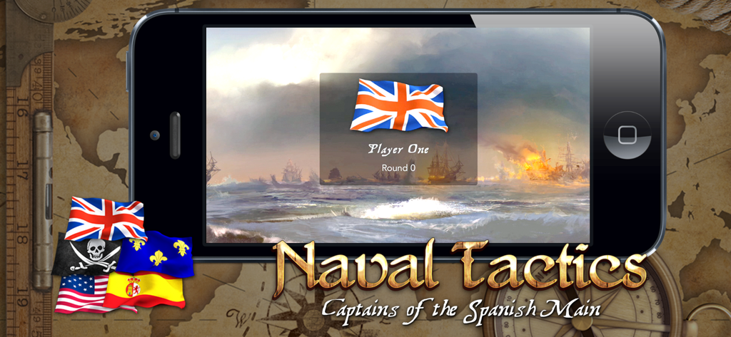 Naval Tactics - Title screen of Naval Tactics Captains of the Spanish Main featuring a naval battle painting and historical flags