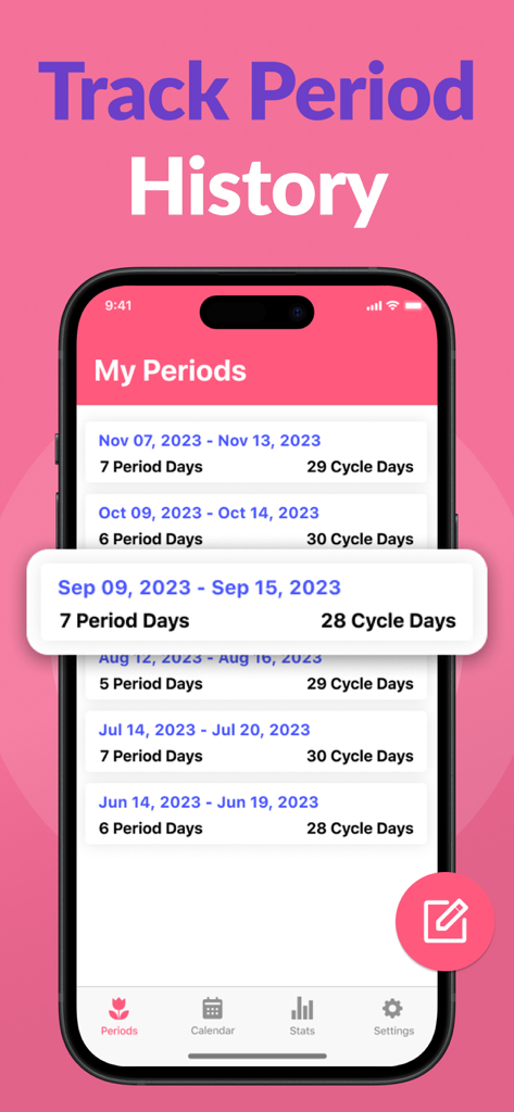 Period Tracker ` - Una pantalla de aplicación móvil que muestra un historial cronológico de ciclos menstruales con fechas y duraciones.