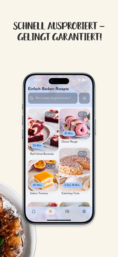 Einfach Backen - 디저트 레시피 목록이 있는 Einfach Backen 앱을 표시하는 스마트폰