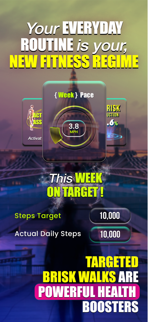 Walk Ailly - 주간 빠른 걷기 페이스 3.8MPH 및 일일 걸음 목표 달성을 보여주는 Walk Ailly 앱 인터페이스