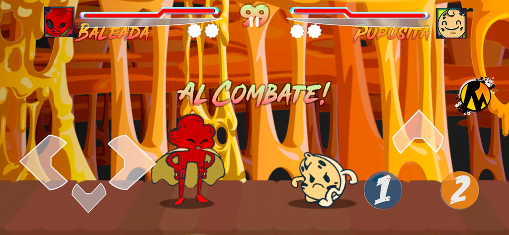 RompeMesas - Pantalla de juego de RompeMesas que muestra una batalla entre personajes de comida Baleada y Pupusita