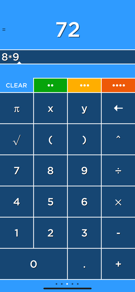 Interfaz de la aplicación de calculadora gráfica Solve que muestra un cálculo de multiplicación y cuatro pestañas de colores