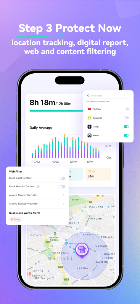 Fammy app interface featuring screen time reports, app blocking, and location tracking.