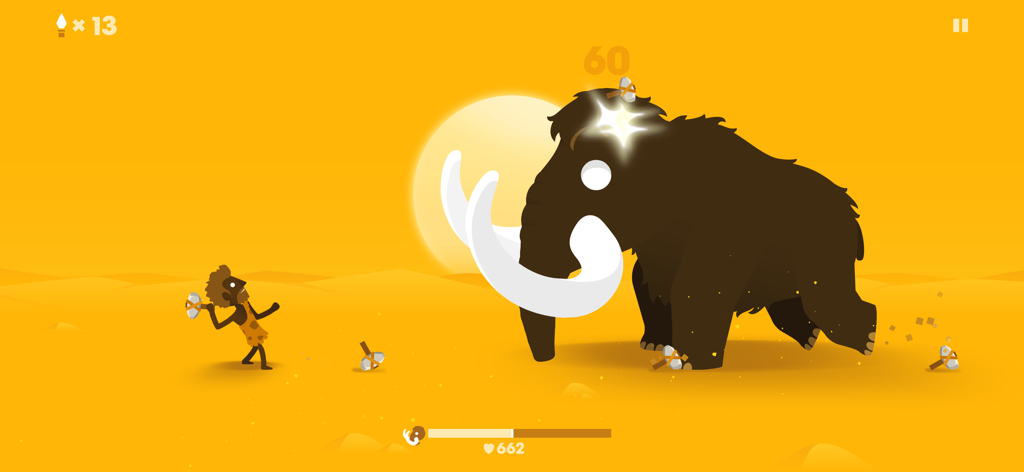Big Hunter - A minimalist scene of a tribal hunter throwing an axe at a giant mammoth in the Big Hunter mobile game