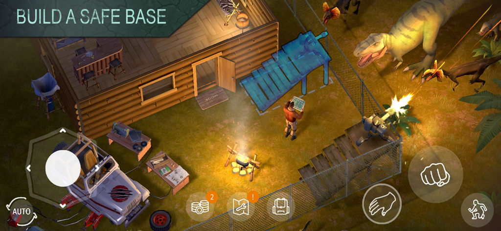 Jurassic Survival - Jeu Jurassic Survival montrant un joueur construisant une base en bois et la défendant contre des dinosaures attaquants avec des tourelles automatisées.