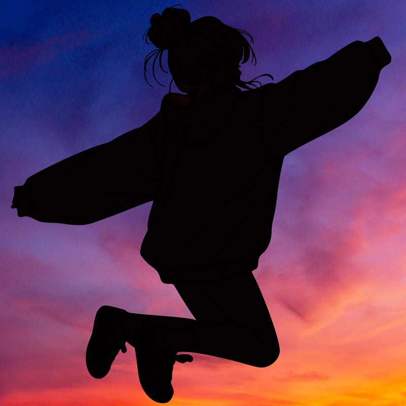 realistic girl jumping with a bun and oversized sweatshirt