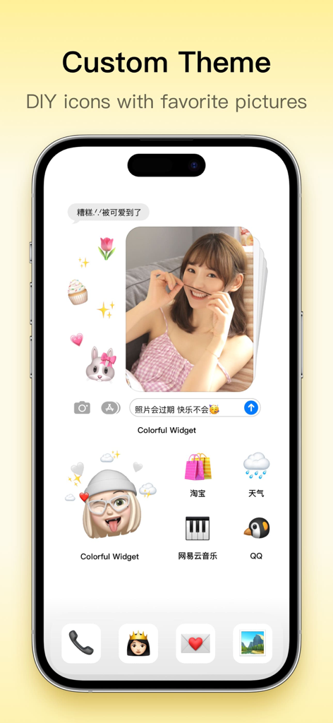 Colorful Widget- Widget&Themes - Aesthetic iPhone home screen showing a custom theme with DIY icons and photo widgets.