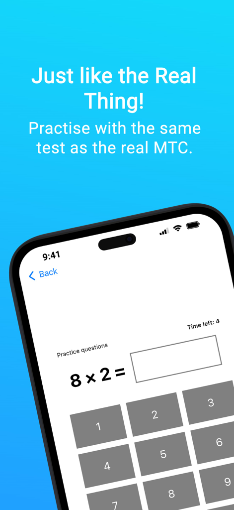 MTC Multiplication Check Pro - Interfaz de la aplicación MTC Multiplication Check Pro que muestra una prueba de multiplicación cronometrada en un teléfono inteligente