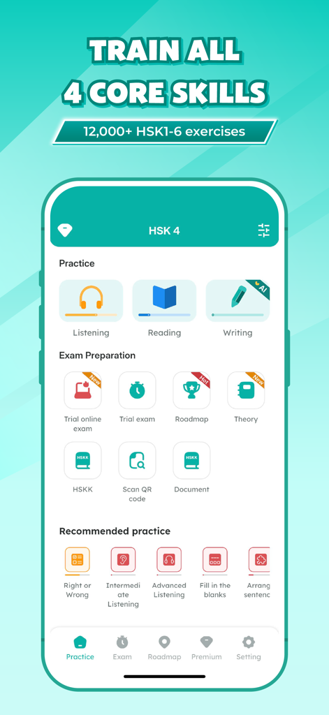 Interfaz de la aplicación Migii HSK que muestra módulos de práctica para habilidades de escucha, lectura y escritura