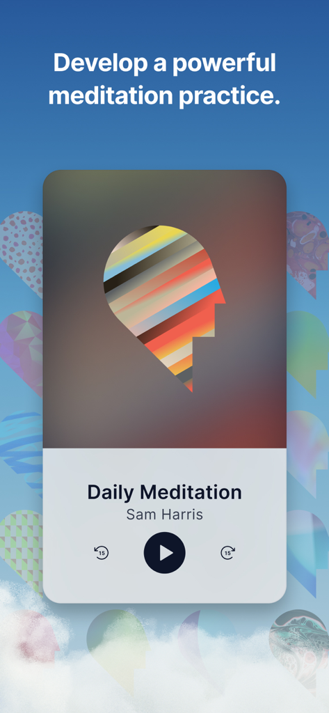 Waking Up: Meditation & Wisdom - The Waking Up app player showing a daily meditation session by Sam Harris with the heading develop a powerful meditation practice