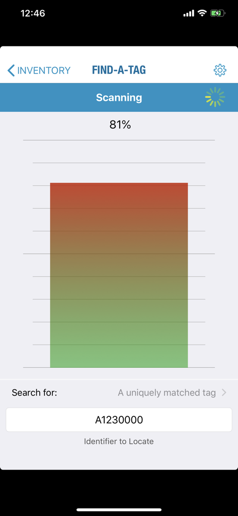 RFID Explorer - RFID Explorer App-Oberfläche, die die Funktion 'Finde-ein-Tag' mit einer Signalstärkenanzeige von 81 Prozent für ein bestimmtes Tag anzeigt