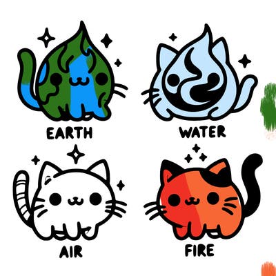 4 cats that represent the different elements, earth, water, air, and fire
