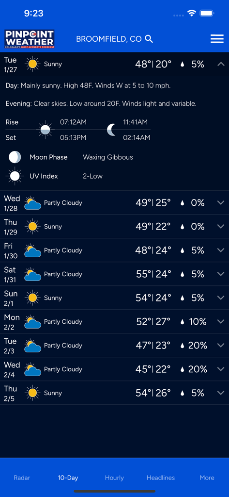 10-day weather forecast for Broomfield Colorado on the Pinpoint Weather mobile app
