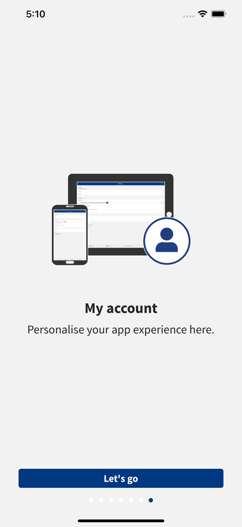 Central Banking - My account screen of the Central Banking app showing options to personalise the app experience on tablet and smartphone