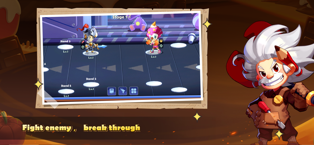 Legend of Arcadia - A gameplay screenshot of Legend of Arcadia showing toy-like heroes on a battle stage with the text fight enemy break through.