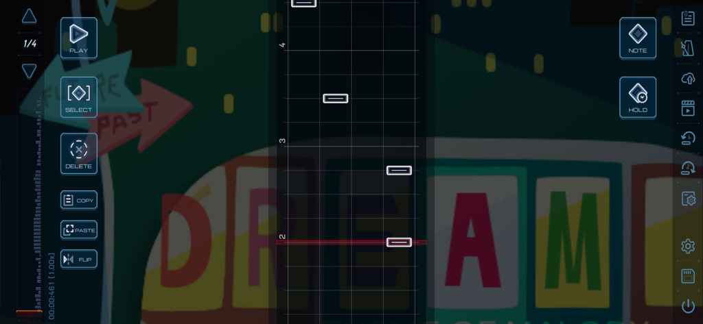 Malody V - Malody V in-game chart editor showing the vertical note placement grid and editing tools for custom rhythm game levels