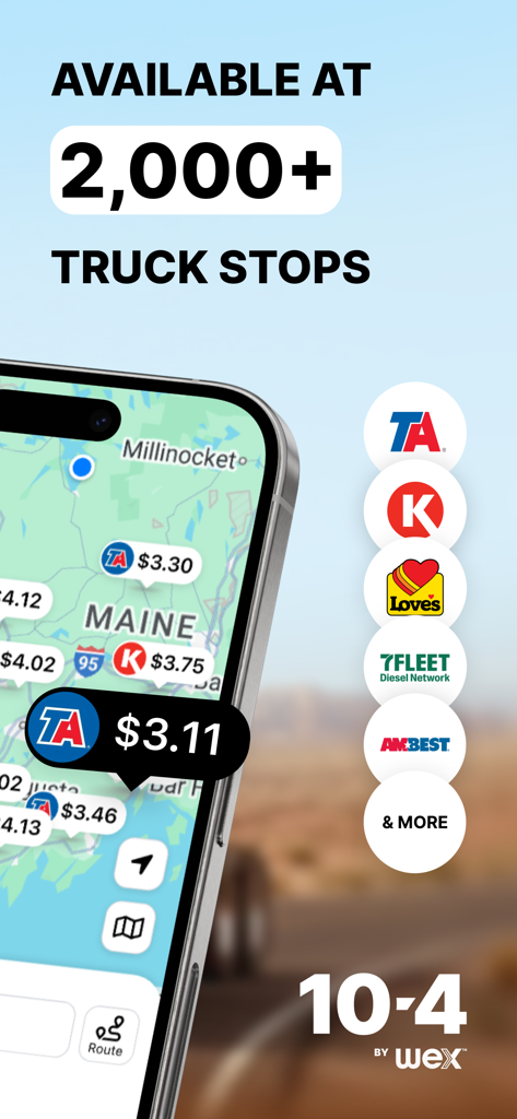 10-4 by WEX - 10-4 by WEX app interface displaying diesel prices on a map at nationwide truck stops