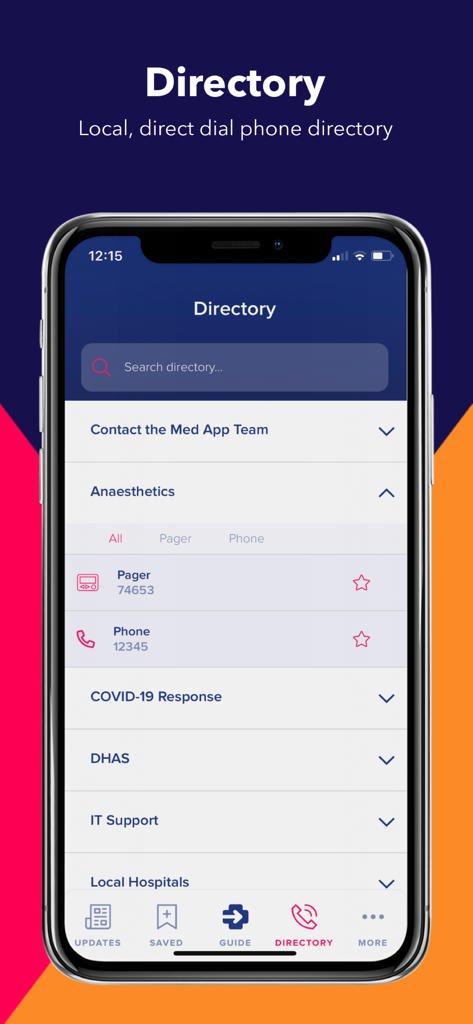 Med App - A smartphone screen showing the Med App directory with a list of hospital contact numbers and pager details.